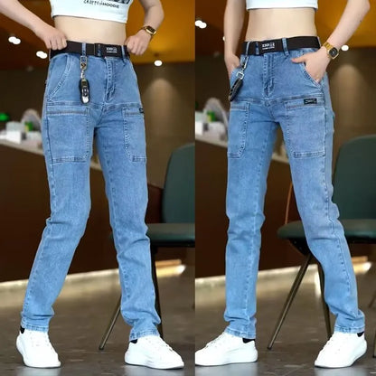 Korean Men Skinny Jeans Y2k Vintage Blue Cargo Denim Pants Pockets Man Casual Streetwear Jeans Trousers Clothing