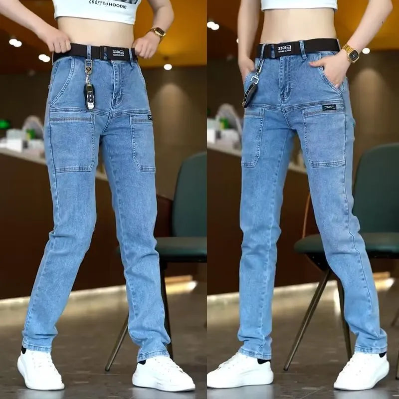 Korean Men Skinny Jeans Y2k Vintage Blue Cargo Denim Pants Pockets Man Casual Streetwear Jeans Trousers Clothing