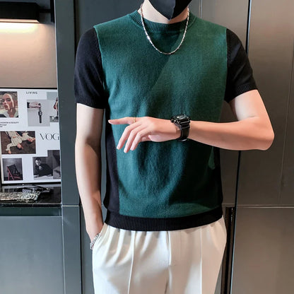 saferido Spring Autumn Men Cashmere Short Sleeve Sweaters Male Casual O-Neck Solid Color Chic Knitted Pullovers Tops 3XL-M