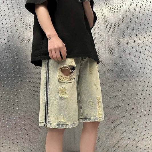 saferido  Y2K Summer Men Vintage Streetwear Korean Denim Shorts Baggy Cargo Casual Zipper Short Pants Harajuku Clothes Muddy Yellow