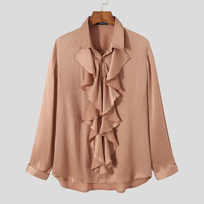 Handsome Well Fitting Men Tops Solid Comfortable Blouse Casual Hot Sale Male Loose Ruffled Long-sleeved Shirt S-5XL INCERUN