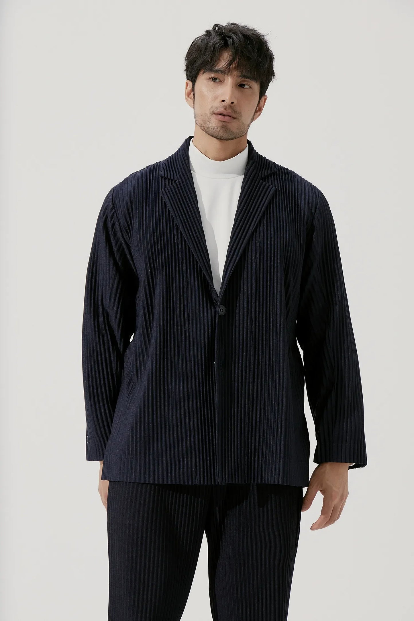 Miyake Blazer Men Pleated Black Suits For Men Stretch Fabric Slim Fit Coat High Quality Casual Japanese Style Blazers