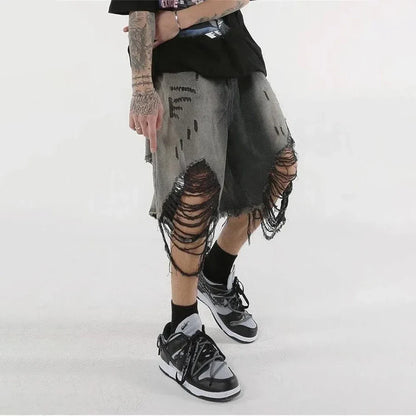 saferido High Street Loose Washed Old Ripped Shorts American Retro Shorts Summer Street Y2K Hip Hop Tassel Wide Leg Casual Denim Shorts