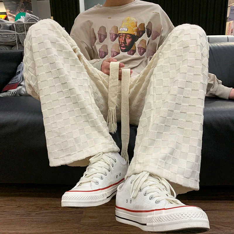saferido Straight Wide Leg Knitted Sweatpants Men's Spring Autumn Solid Color Plaid Casual Pants Sports Trend Classic All-match Trousers