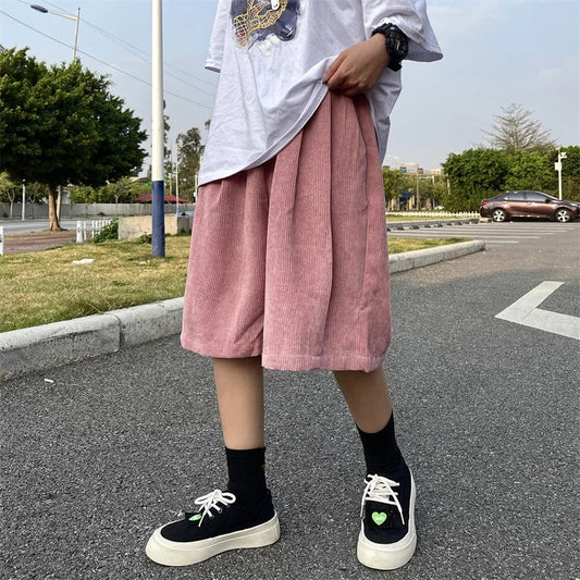 saferido Brown Corduroy Shorts Oversized Baggy Five Point Trousers Summer Korean Fashion Wide Leg Pants Ins Hip Hop Bottoms Men and Women