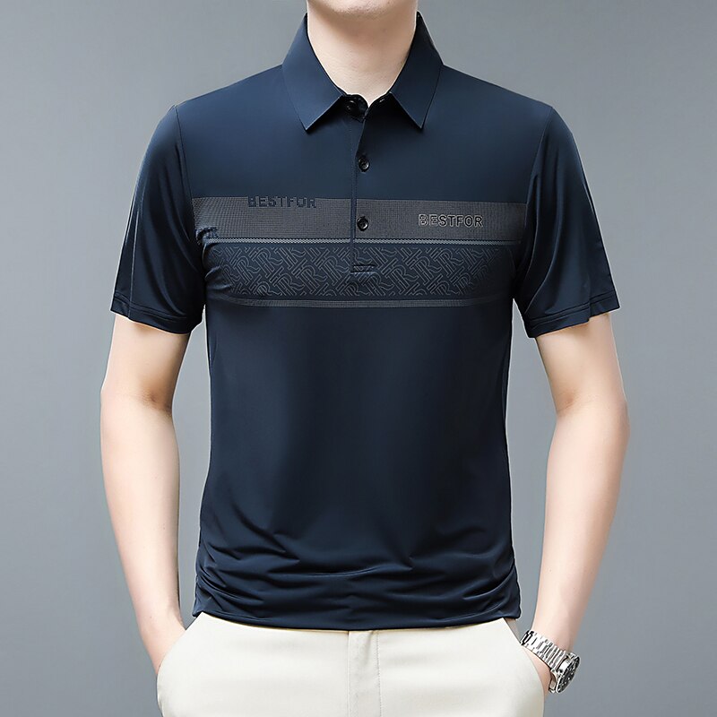 Men T Shirts Breathable Short Sleeve Summer T Shirt for Men Business Casual Fashion Striped Turn-Down Collar T Shirt Male