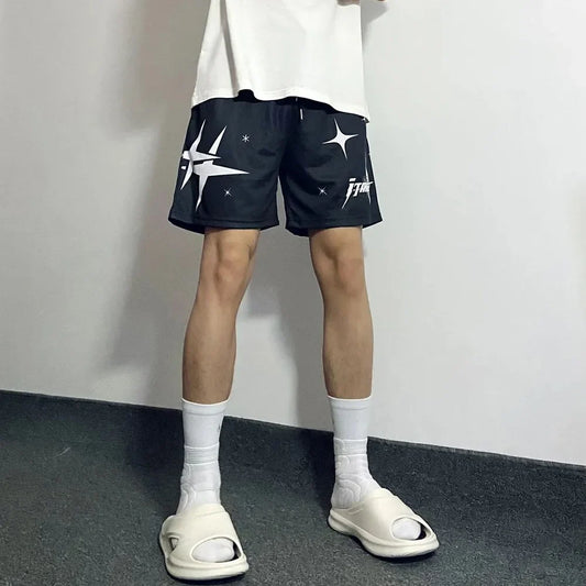 saferido American Y2K Basketball Sports Shorts Men Trend Y2k Street Loose Pentagram Print Knee-length Pants Fitness Breathable Casual Pants