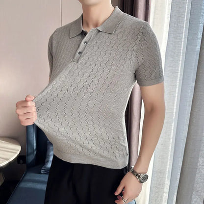 saferido British Style Men's Summer Casual Short-sleeved POLO Shirt/Male Slim Fit High Quality Wavy Striped Knitted Polo Shirt S-3XL