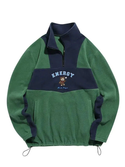 Hoodie for Men Fluffy Polar Fleece Sweatshirts New York Embroidery Turtleneck Hoodies Pullover Color Block Zipper Sweats