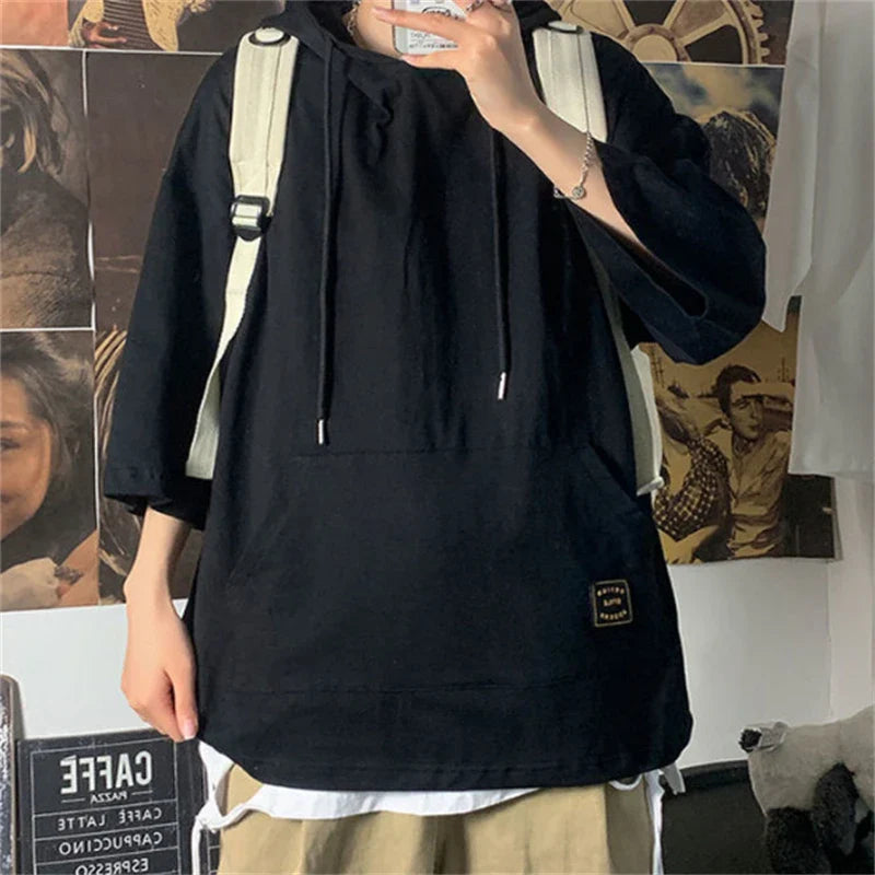 saferido Men Casual Hoodies Spring Summer Harajuku Korean Men's Loose Hooded Tops Large Size Three Quarter Sleeve Hooded Tops