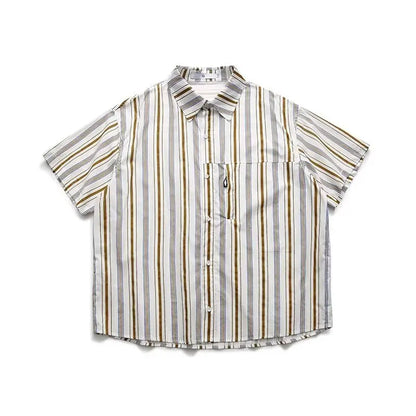 Summer Street Mens Two Piece Set Retro Striped Pocket Shirt+casual Wide Leg Tooling Shorts Sets Japanese College Couple Set