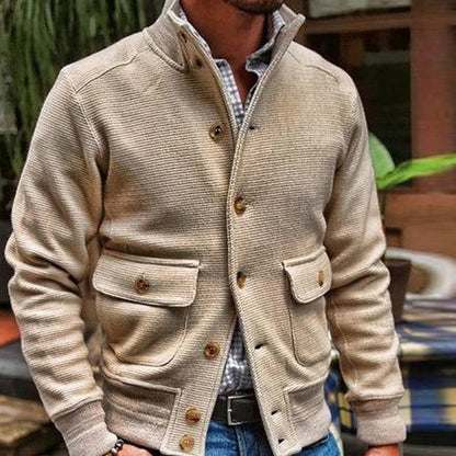 Men Jacket Knitted Button Closure Solid Color Single-Breasted Streetwear Autumn Winter Stand Collar Suit Coat For Daily Wear