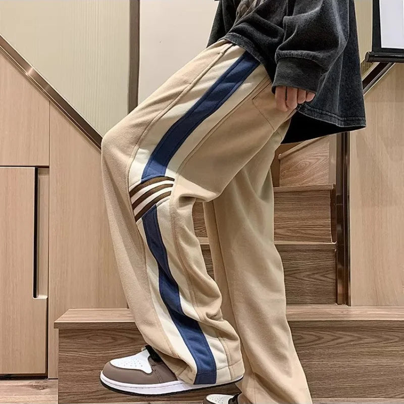 saferido  Spring American Fashion Color Contrast Striped Casual Pants Men's Loose Straight Sports Pants Trendy Wide-leg Pants M-3XL