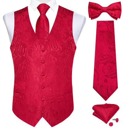 Men Black Paisley Vest Necktie Bowtie Pocket Square Cufflinks Dress Set Classic 5 PCS Business Waistcoat for Man
