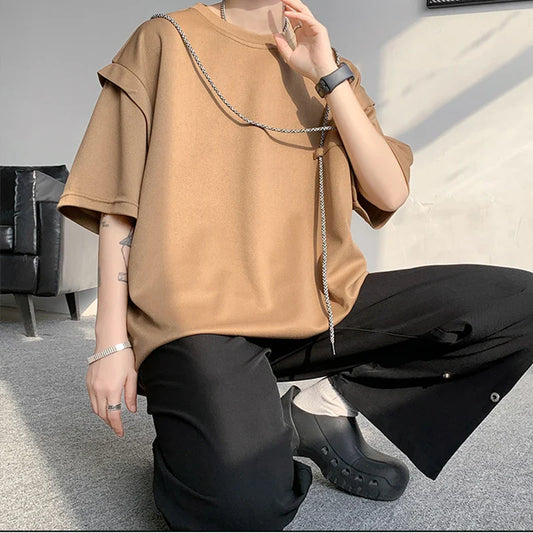 saferido Hip Hop T-shirts Men Simple Popular Korean Style Bandage Design Loose Individual Chic Comfortable Patchwork Students Summer Tees