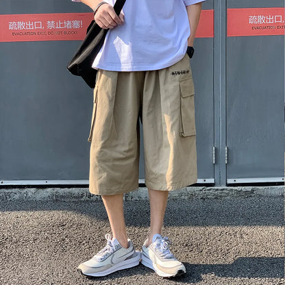 saferido Casual Cargo Pants Men Calf-length Letter Oversize All-match Baggy Wide Leg Trousers High Street Hip Hop Trendy Harajuku Chic