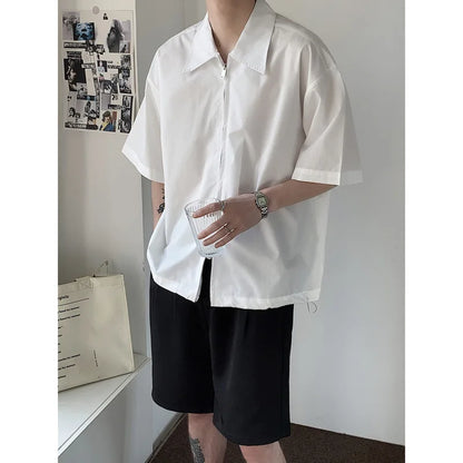 saferido Summer Short Sleeved Shirt Men Fashion Oversized Zip Shirt Men Korean Loose Black White Dres Shirts Mens Ice Silk Shirt M-2XL