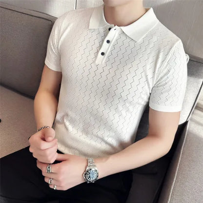 saferido British Style Men's Summer Casual Short-sleeved POLO Shirt/Male Slim Fit High Quality Wavy Striped Knitted Polo Shirt S-3XL