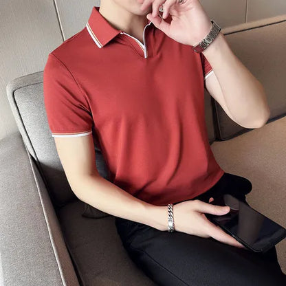 saferido  Summer New Style Men's Casual Slim Fit Short Sleeve Solid Color POLO Shirt British Slim Lapel Color Blue T-shirt Polo S-4XL