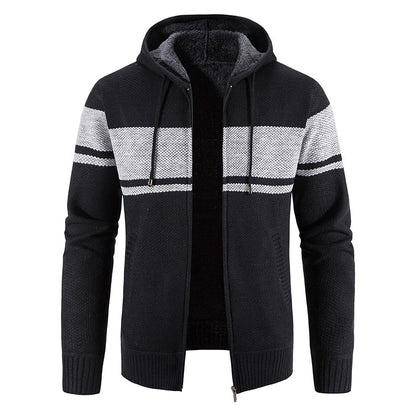 New Winter Fleece Men Sweater Cardigan Hooded Knitted Print Sweatercoat Mens Casual Warm Cardigan Zipper Hooded Cardigan Men