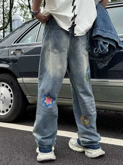 saferido Embroidery Jeans Men High Street Hip Hop Streetwear Couples Loose Mopping Wide Leg Trousers Teens Japanese Harajuku Fashion Chic