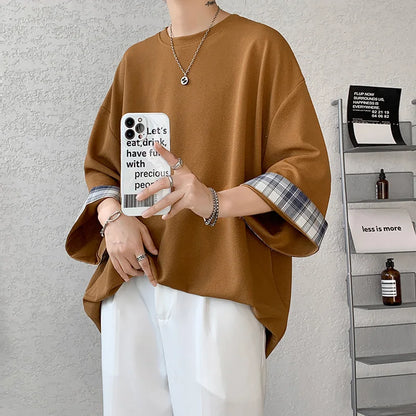 saferido Spring Summer Men's T-shirts Women Oversized 2XL Korean Style Loose Plaid T-shirt Casual Seven sleeves T-Shirt Male White