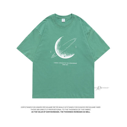 HybSkr Simple Stroke Moon Graphic Men Tshirt Oversize Letter Print Short Sleeve T-shirt Cotton Male Streetwear Unisex Basic Tops