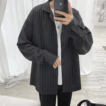 saferido Male Korean Long Sleeve Striped Shirts Men's Single-breasted Dress Shirt Business Office Casual Shirt Slim Fit Streetwear Homme