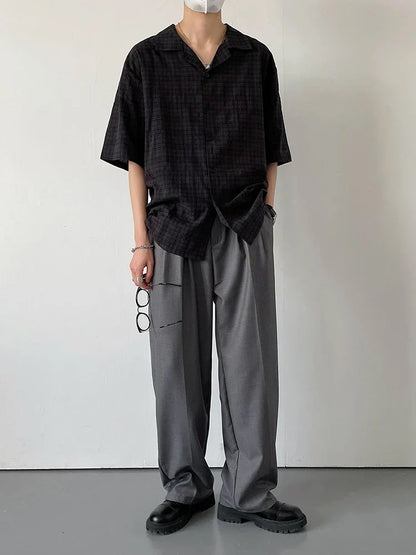 saferido Black Plaid Shirts Men Summer Loose Breathable Teens All-match Trendy Korean Fashion BF Simple Tops Streetwear Harajuku Camisas