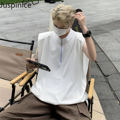 saferido American Cotton Half-zip Vest Couple Niche Shoulder Pads Loose Casual High Street Sleeveless T-shirts Men Tops Male Clothes