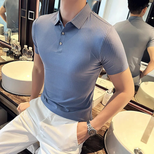 saferido Korean Style Men's Summer High Quality Elastic Force Ice Silk Polo Shirts/Male Slim Fit Stripe Casual Polo Shirts 4XL