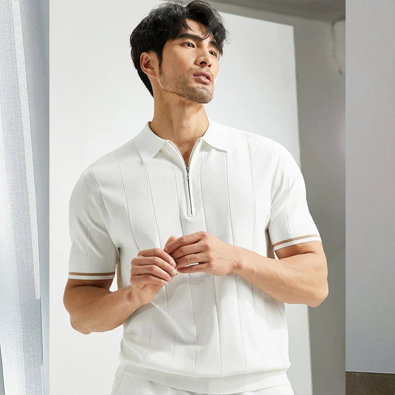 Men's Casual Zipper Polo Shirt Solid Color Texture Lapel Breathable  Leisure Tees for Men Summer Light Luxury Knitwear New