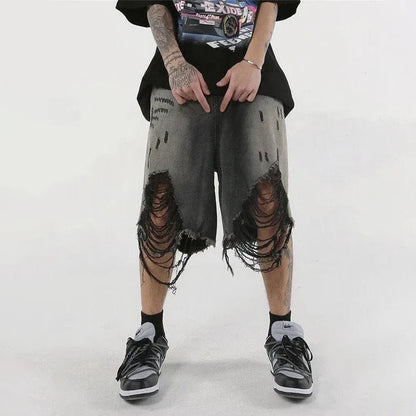saferido High Street Loose Washed Old Ripped Shorts American Retro Shorts Summer Street Y2K Hip Hop Tassel Wide Leg Casual Denim Shorts