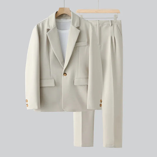 Beige Suit Men Fashion Society Men Dress Suit Korean Loose Casual Blazer/Pants Two Piece Set Mens Office Formal Suit M-3XL