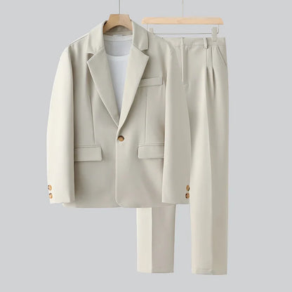Beige Suit Men Fashion Society Men Dress Suit Korean Loose Casual Blazer/Pants Two Piece Set Mens Office Formal Suit M-3XL
