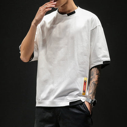 New Summer Men's T Shirt Fashion Patchwork Short Sleeve T Shirt Mens Cotton Oversized Casual O Neck Streetwear Hip Hop Top Tees
