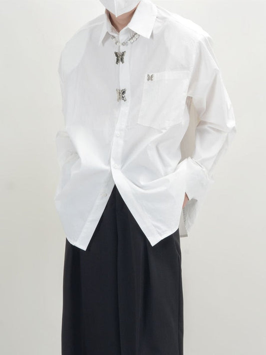 Design Sense Long Sleeve Lapel Shirt for Men New Metal Butterfly Lock Loose Casual Shirt Korean Fashion Blouses