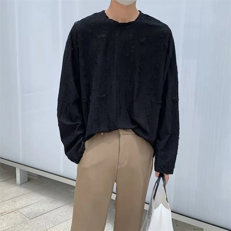 Korean INS Niche Design Men Clothing Round Neck Hole T-shirt Men and Women Long Sleeve Retro Loose Casual Drape Mens T Shirts