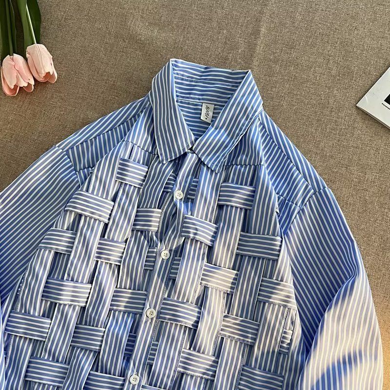 Men's Clothing Spring Summer New Weave Long Sleeve Lapel Korean Version Solid Color Striped Printed Trend Casual Shirts