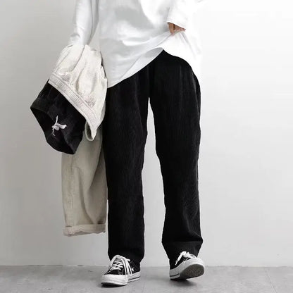 Japanese Corduroy Pants Men Autumn Loose Elastic Waist Solid Color Straight Pants Retro Casual Trousers for Men Baggy Pants