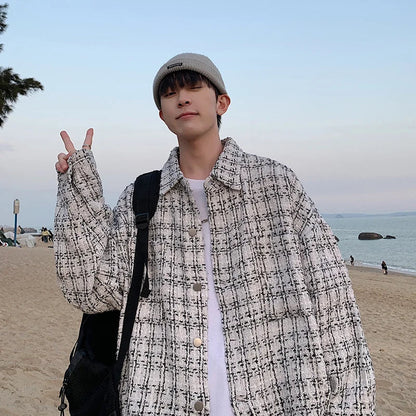 saferido French small fragrance coat men's fashion high sense men's clothing spring and autumn tweed woven thousand bird check shirt men