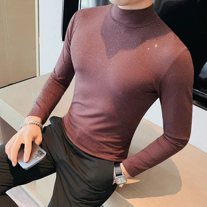 saferido  Brand Clothing Men Spring High Quality Turtleneck Pullover T-Shirts/Male Slim Fit Sequins Decoration Long Sleeve T-Shirts