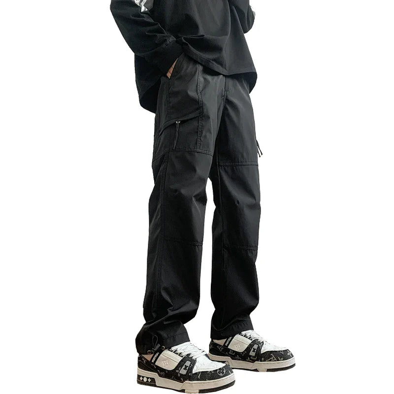 saferido Fashion Korean Side Zipper Casual Wide Leg Pants Khaki/Black Men Spring Autumn Streetwear Loose Straight Pant Mens Trousers