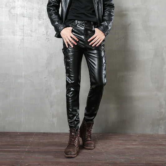 saferido 2024 PU leather men's black leather rope plus velvet leather pants punk style men's motorcycle pants slim fit personality simple