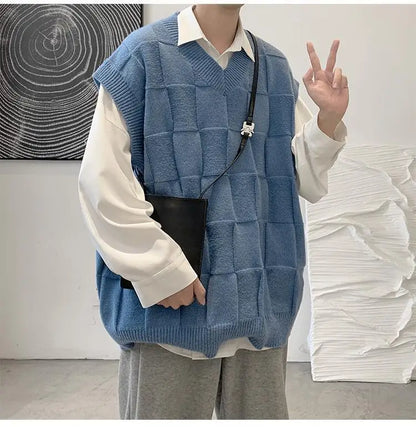 saferido Spring Autumn Fashion Solid Casual Pullover Tess Vest Men Loose Knitted Top Student Preppy Style Sweater Gentle Retro Patchwork