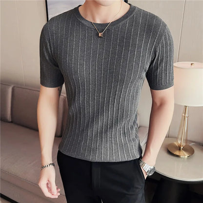 Brand Clothing Men's Summer Leisure Short Sleeve T-Shirt/Male Slim Fit O-Neck Stripe Knitted T-Shirt Plus Size S-4XL