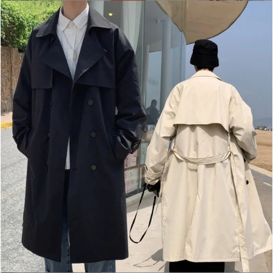 saferido Korean Style Trench Men Coat Male Streetwear Windbreaker Trenchcoat Solid Business Casual Streetwear Loose Long Overcoat