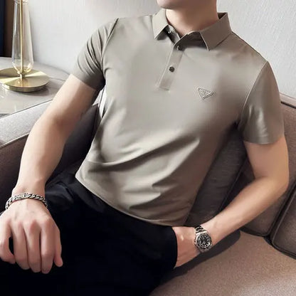 saferido British Style Men's High Elastic Ice Silk Dark Striped Lapel Polo Shirt Golf Casual Slim Fit Short Sleeve Shirt Khaki