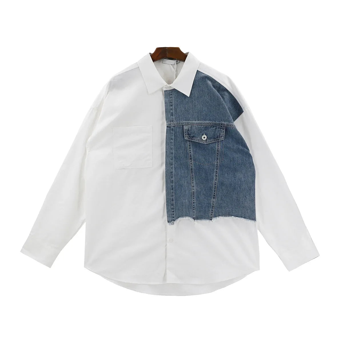 Denim Patchwork White Shirt Men Lapel Long Sleeve Button Loose Tops Spring Autumn Fashion Vintage Shirts Streetwear Male