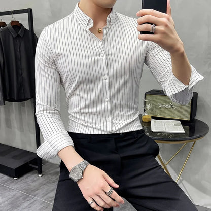 Striped Shirt Mens Spring New British Style Business Casual Long Sleeve Iron-Free Anti-Wrinkle Dress Shirt Mens Clothing